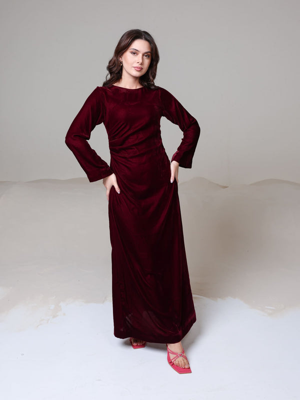 Calista Maroon Velvet Dress