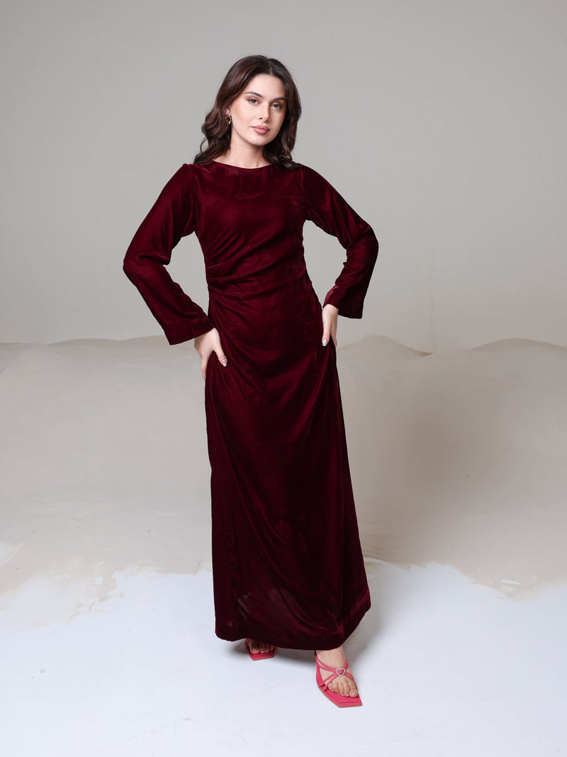 Calista Maroon Velvet Dress