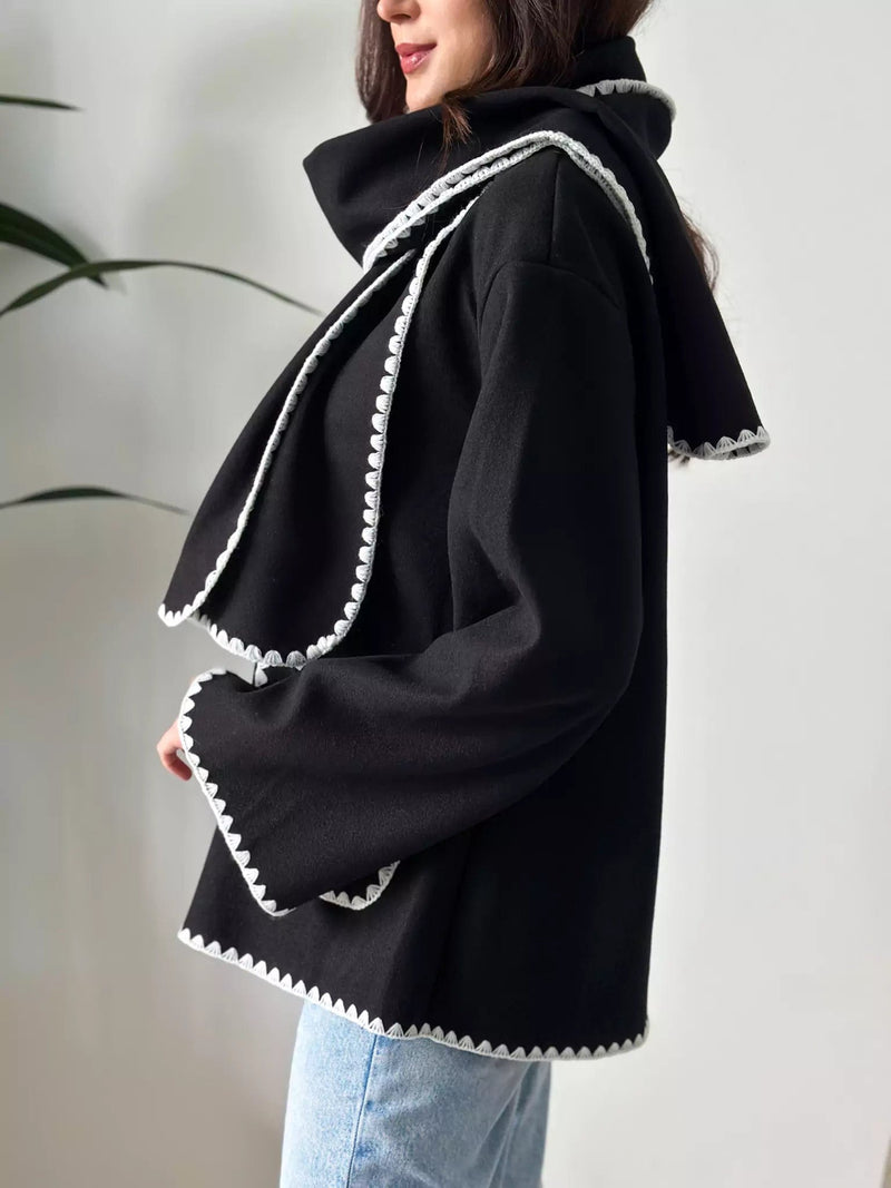 Influence Woolen Coat With Scarf - Black Apparel & Accessories  - Sowears