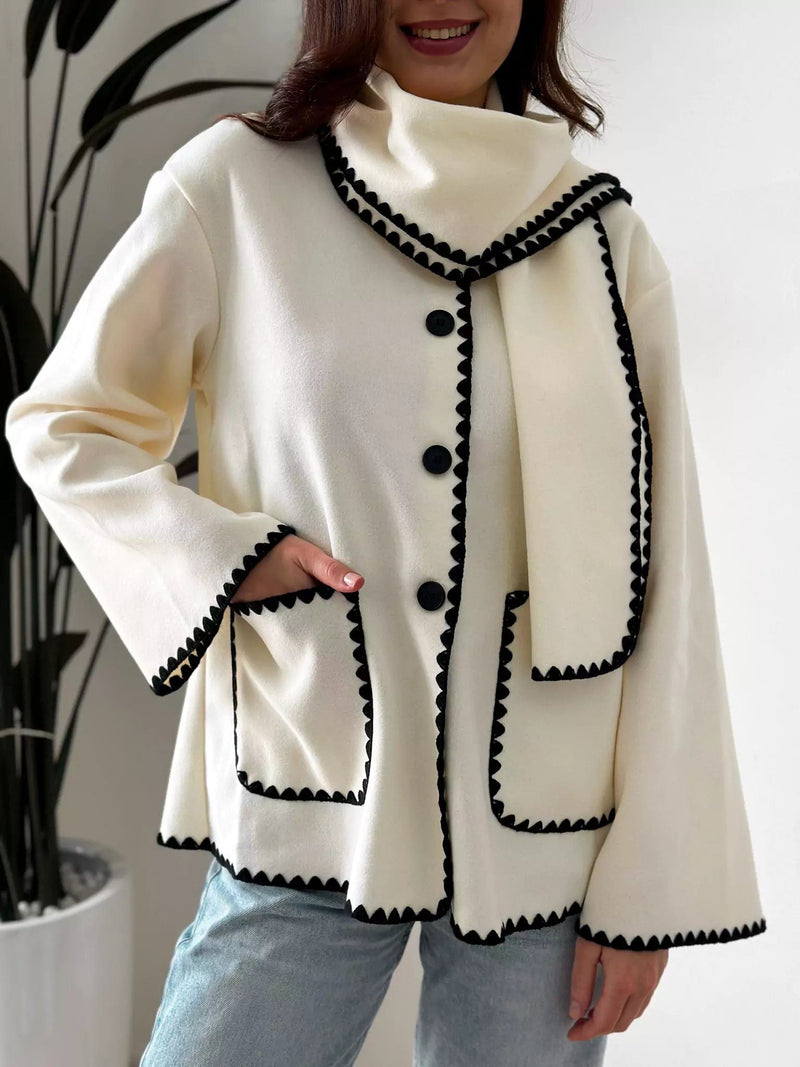 Influence Woolen Coat With Scarf - White Apparel & Accessories  - Sowears