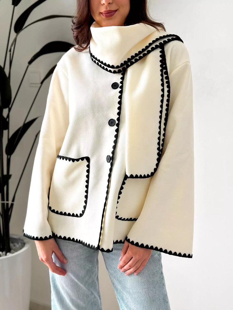 Influence Woolen Coat With Scarf - White Apparel & Accessories  - Sowears