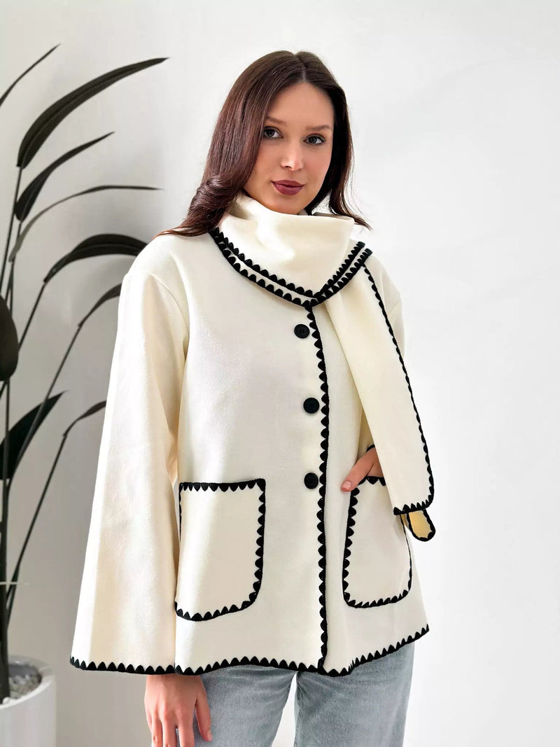 Influence Woolen Coat With Scarf - White Apparel & Accessories  - Sowears