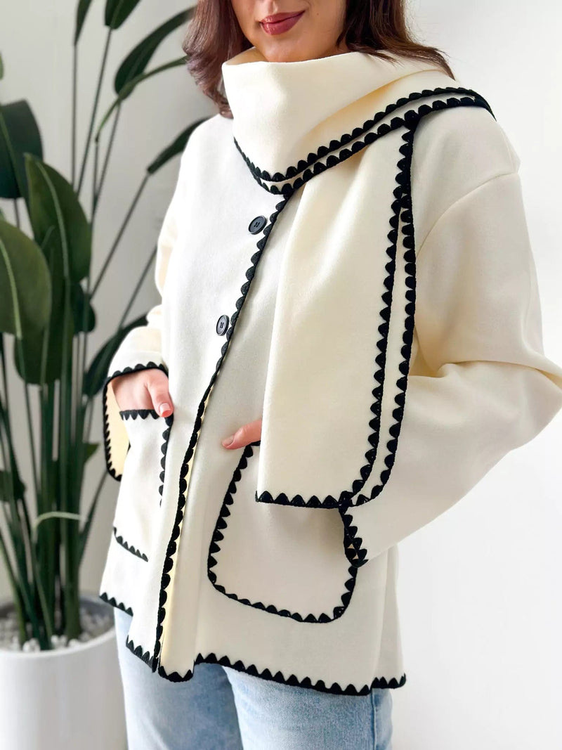 Influence Woolen Coat With Scarf - White Apparel & Accessories  - Sowears