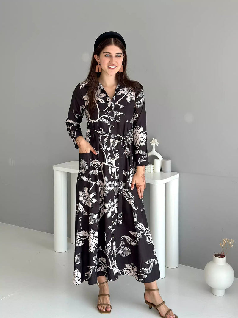 Leona Black Printed Long Dress With Pockets & Belt Apparel & Accessories  - Sowears