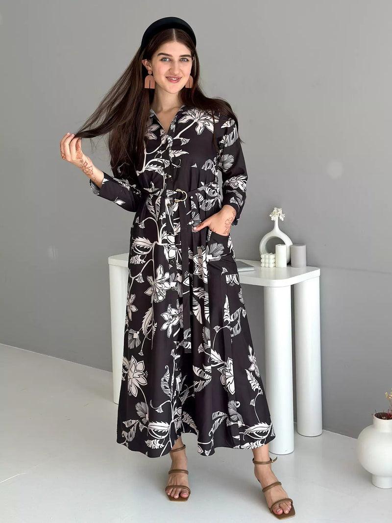 Leona Black Printed Long Dress With Pockets & Belt Apparel & Accessories  - Sowears