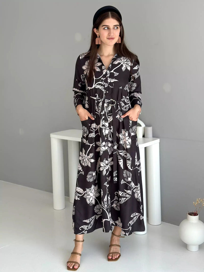 Leona Black Printed Long Dress With Pockets & Belt Apparel & Accessories  - Sowears