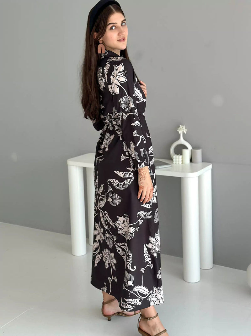 Leona Black Printed Long Dress With Pockets & Belt Apparel & Accessories  - Sowears