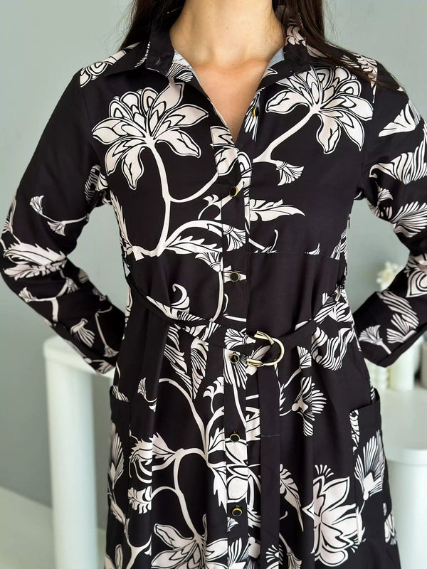 Leona Black Printed Long Dress With Pockets & Belt Apparel & Accessories  - Sowears