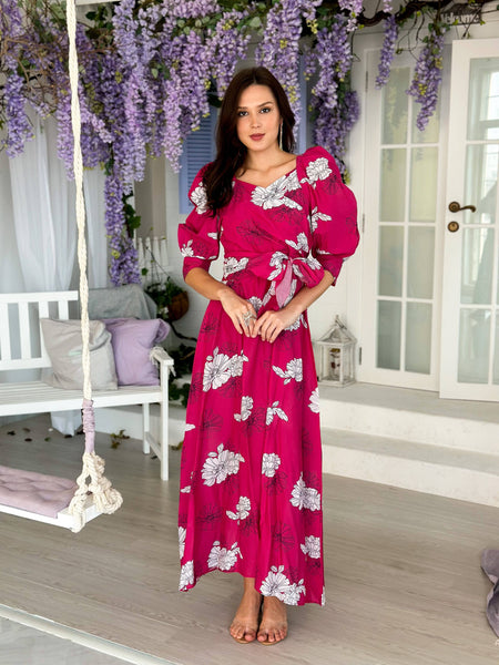 Buy The Kapas Mauvelous Pink Cotton Ethnic Floral Maxi Dress online