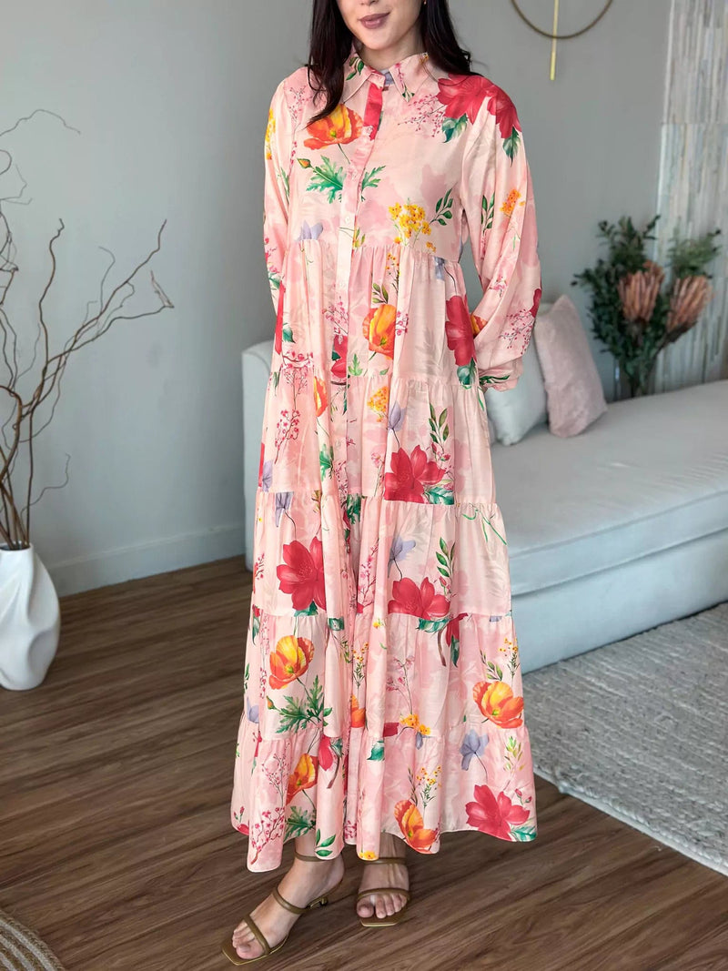 Daphne Floral Long Button Down Dress  - Sowears