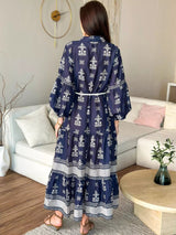 Mazarin Blue Belted Long Dress  - Sowears