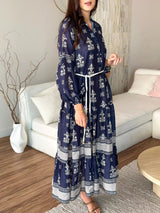 Mazarin Blue Belted Long Dress  - Sowears