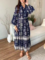 Mazarin Blue Belted Long Dress  - Sowears