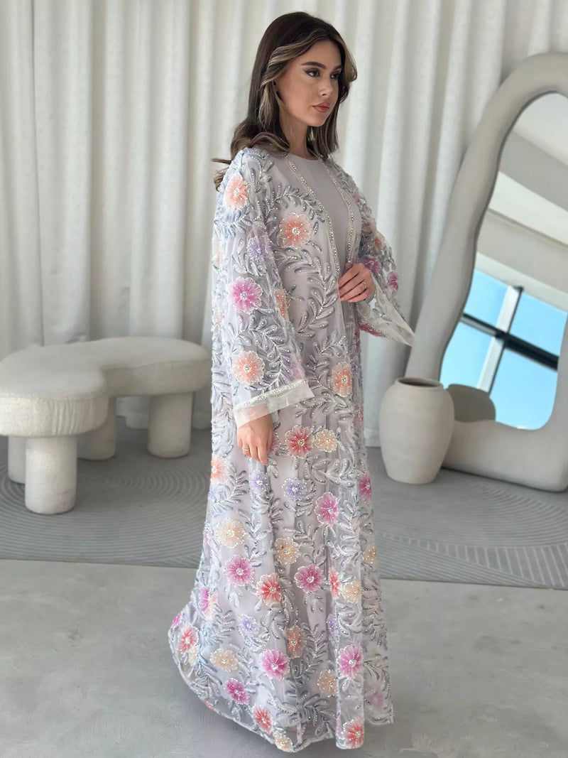 Embellished Luxe Abaya Upper Grey Lilac