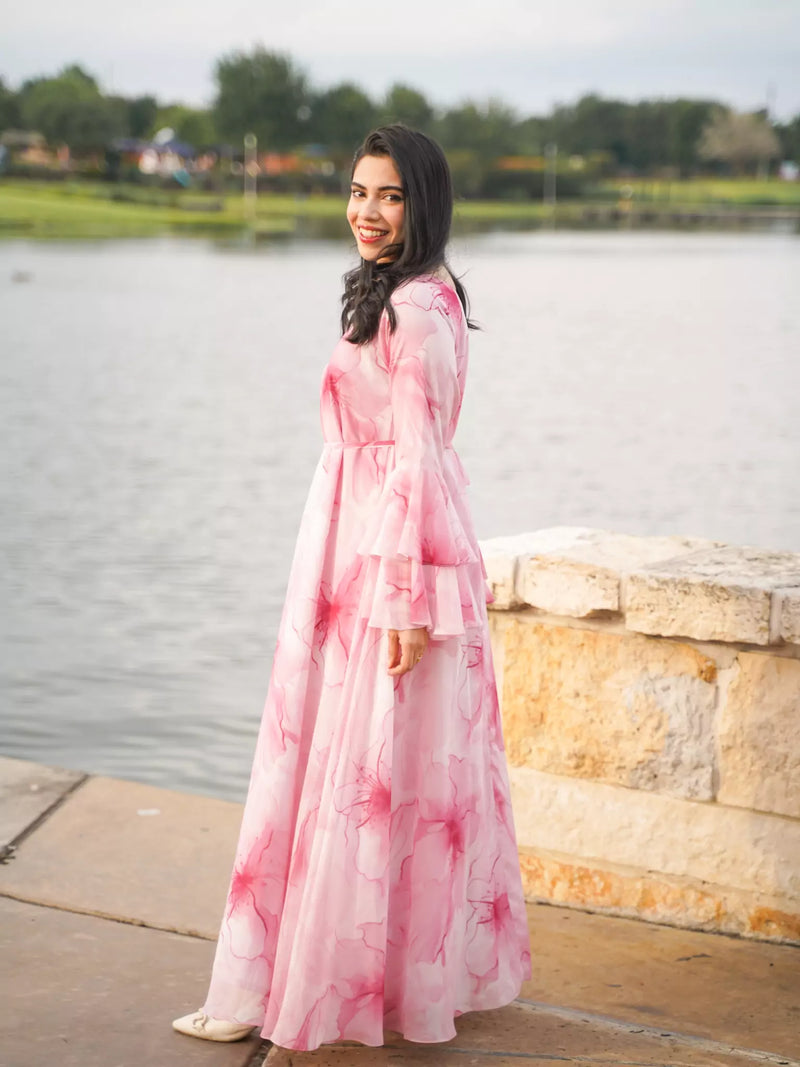 Sakura Mist Pink Floral Long Dress