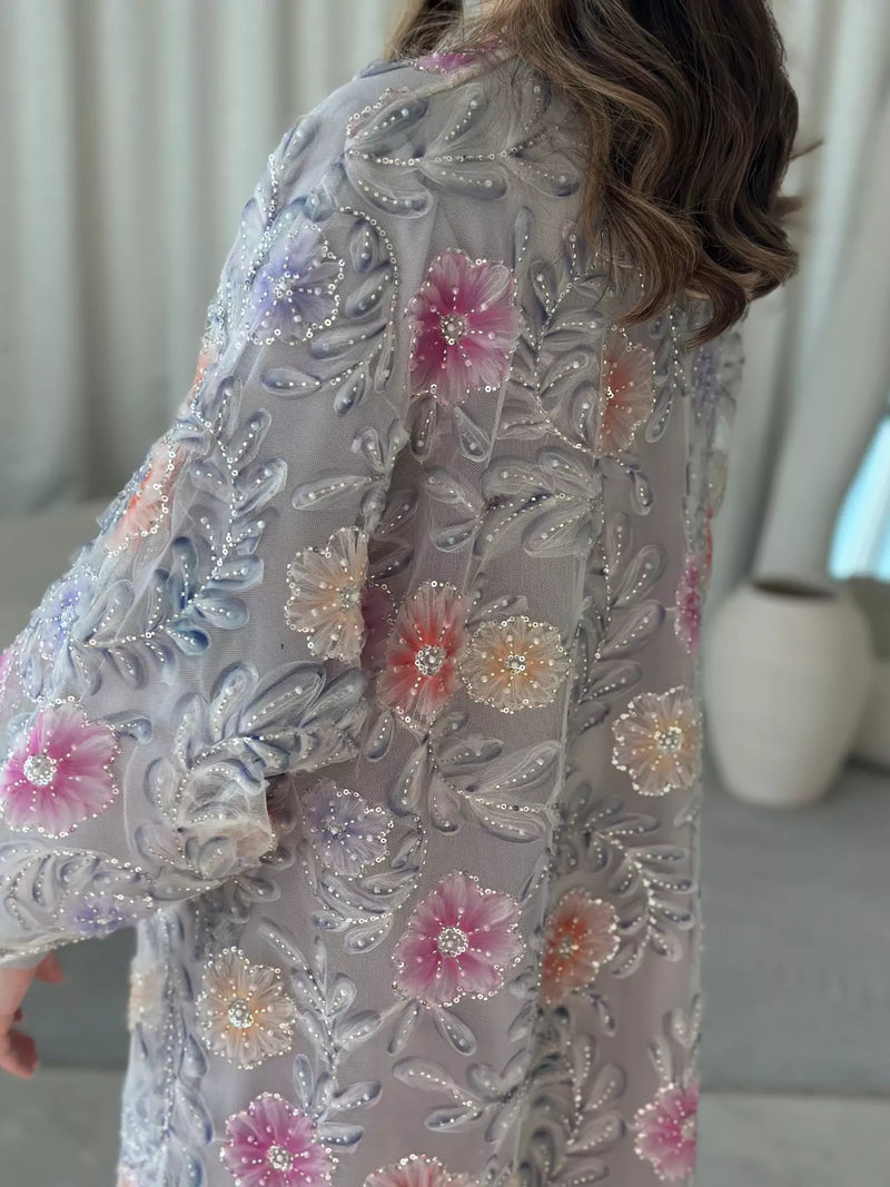Embellished Luxe Abaya Upper Grey Lilac