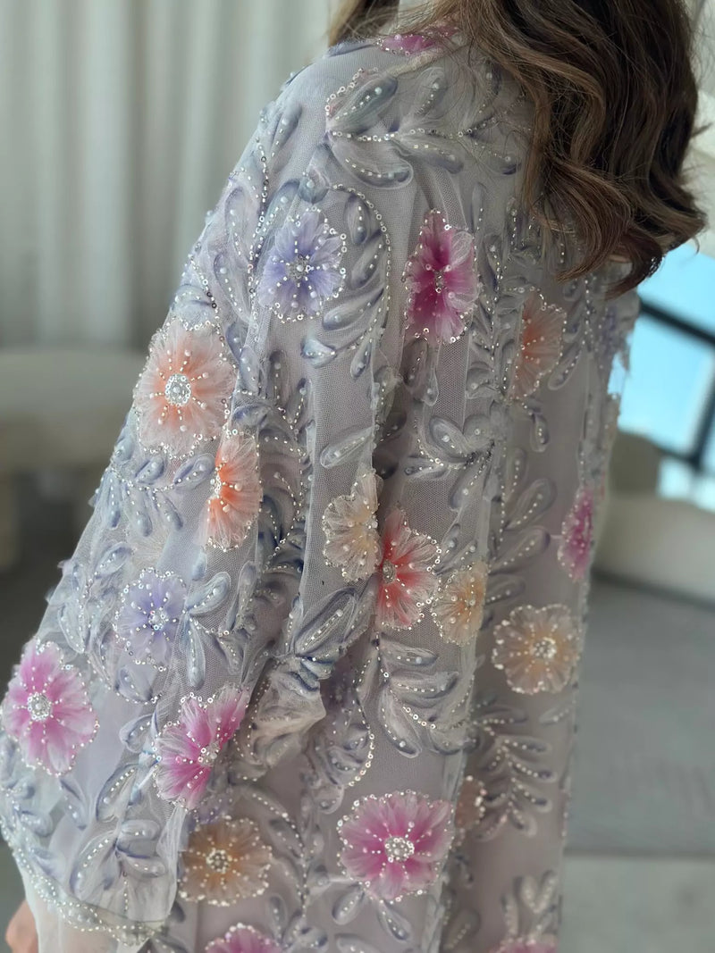 Embellished Luxe Abaya Upper Grey Lilac