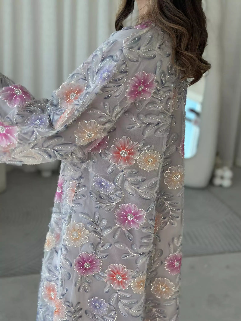 Embellished Luxe Abaya Upper Grey Lilac