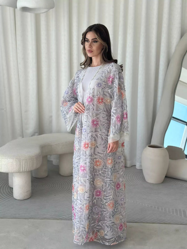 Embellished Luxe Abaya Upper Grey Lilac
