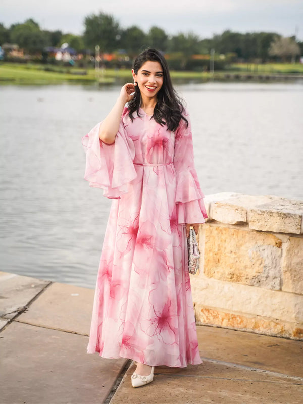 Sakura Mist Pink Floral Long Dress