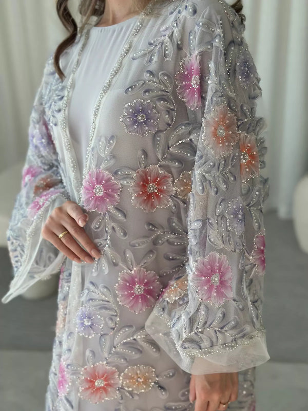 Embellished Luxe Abaya Upper Grey Lilac