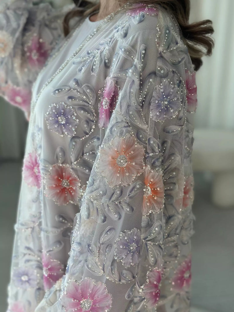 Embellished Luxe Abaya Upper Grey Lilac