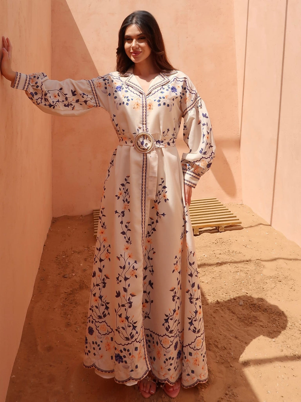 Elira Meadow Printed Buckle Belt Long Dress