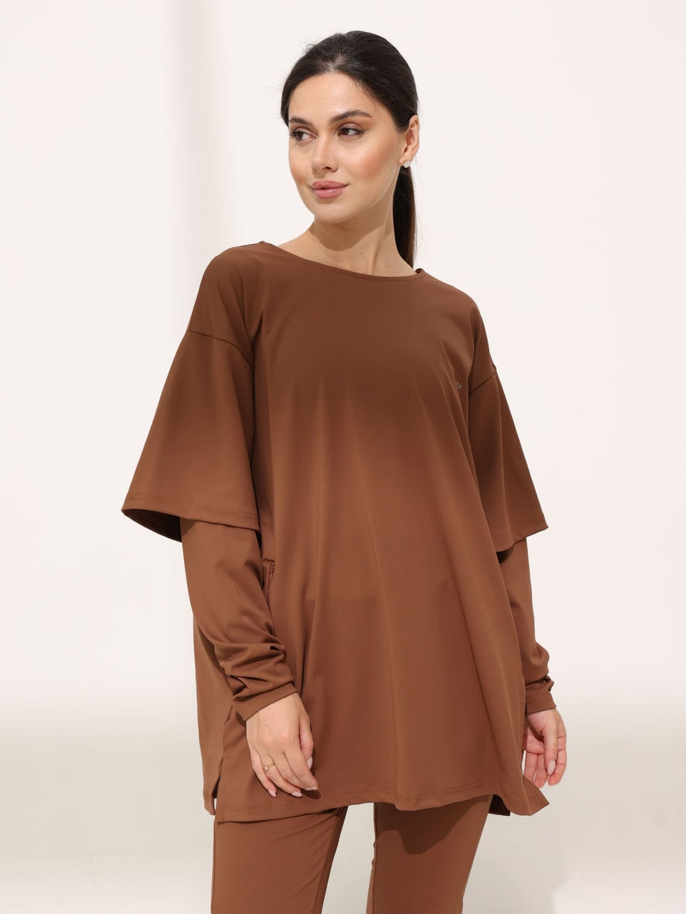 Azra Brown Active Double Sleeve Shirt