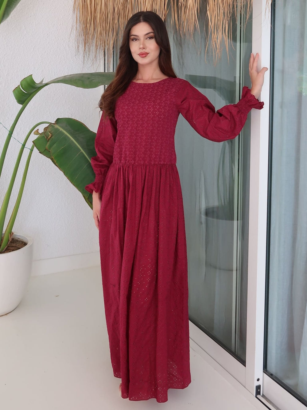 Winslie Plum Cutwork Embroidered Smocked Long Dress