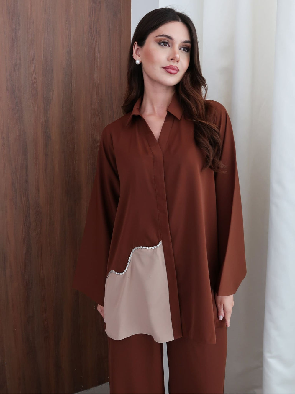 Senna Embellished Brown And Beige Shirt