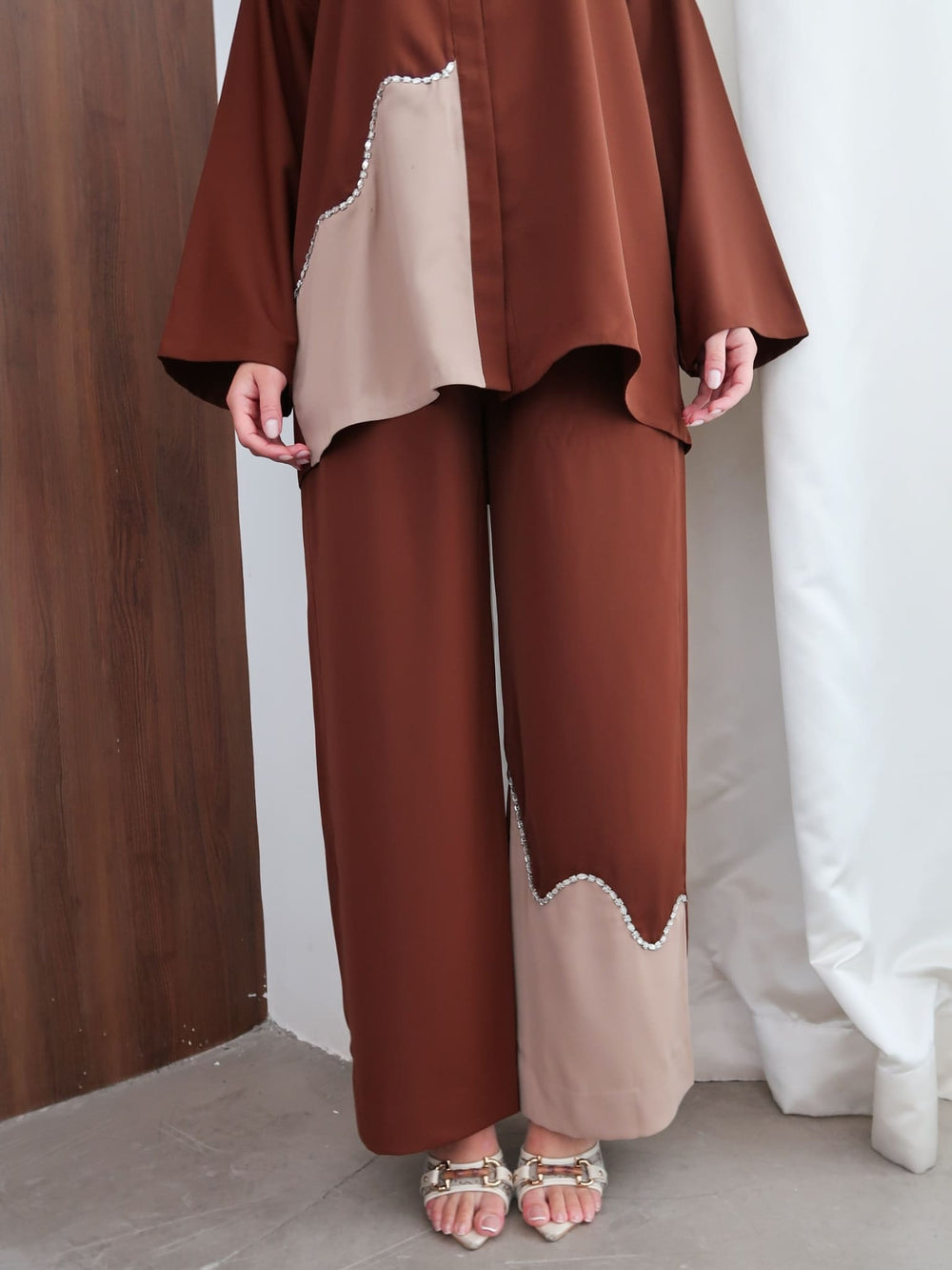 Senna Embellished Brown And Beige Pants