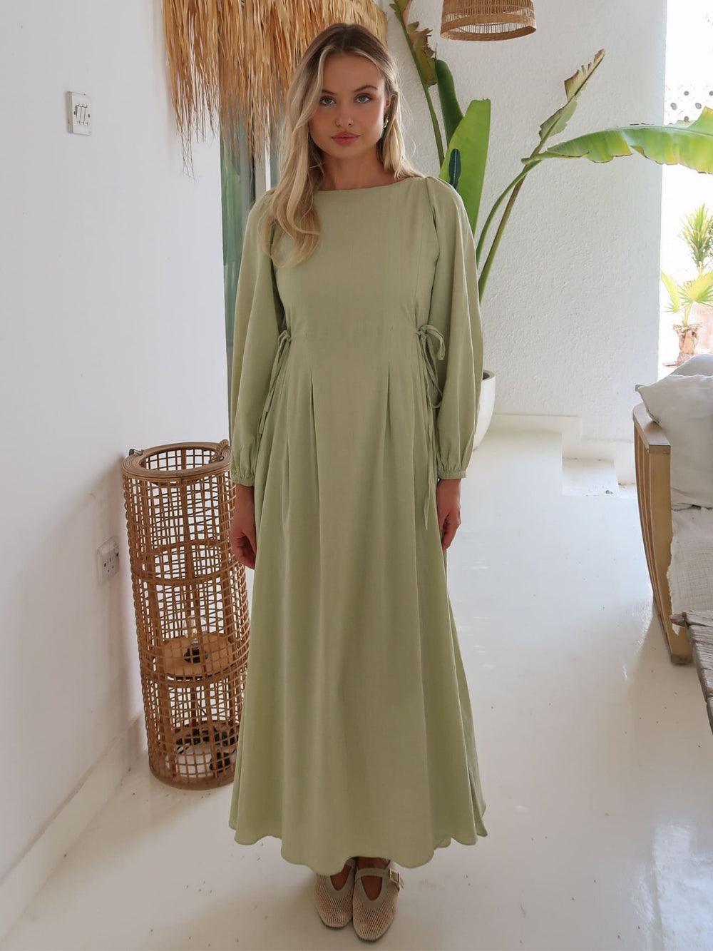 Rosine Green Cinched Pleated Long Dress