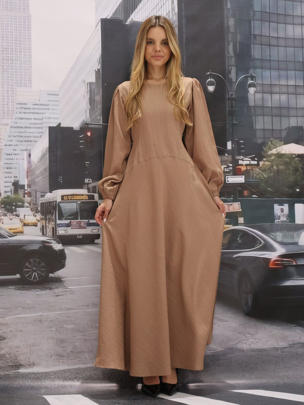 Maura Beige Textured Panel Dress