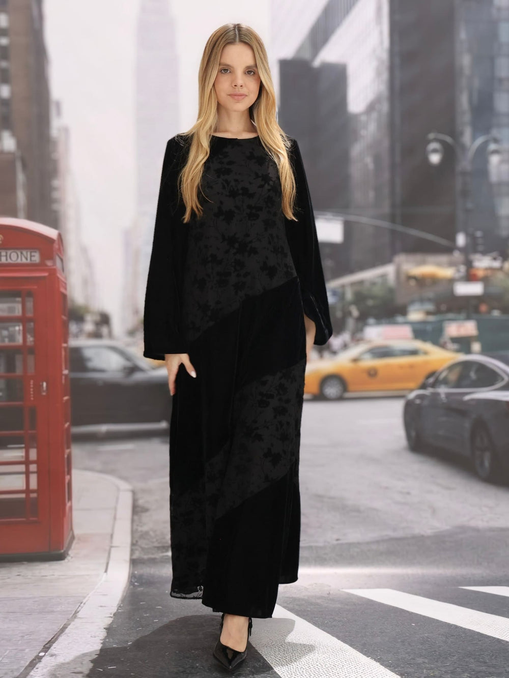 Marcella Black Velvet Tulle Panel Dress