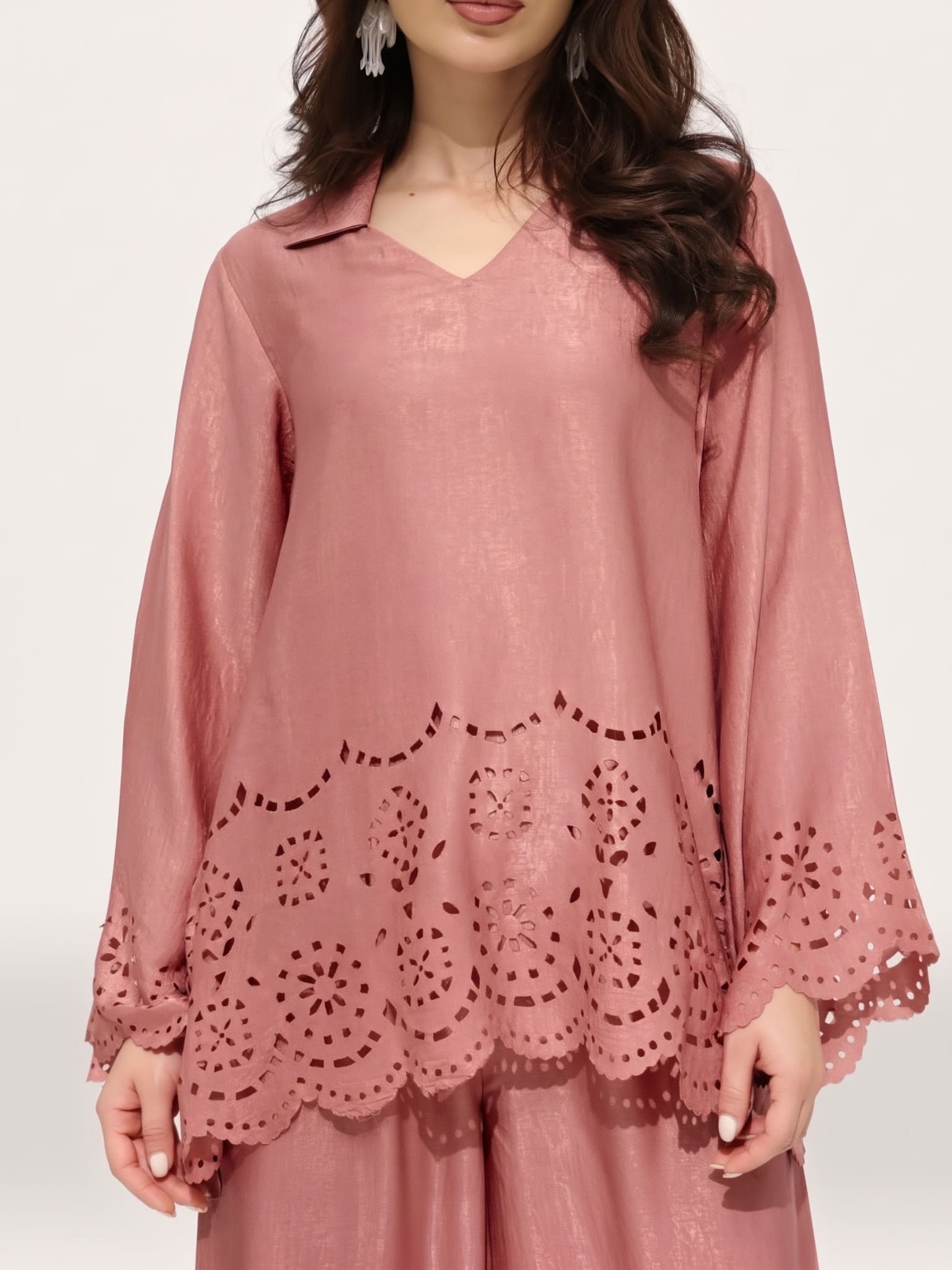 Eloise Soft Silk Rose Pink Cutwork Shirt