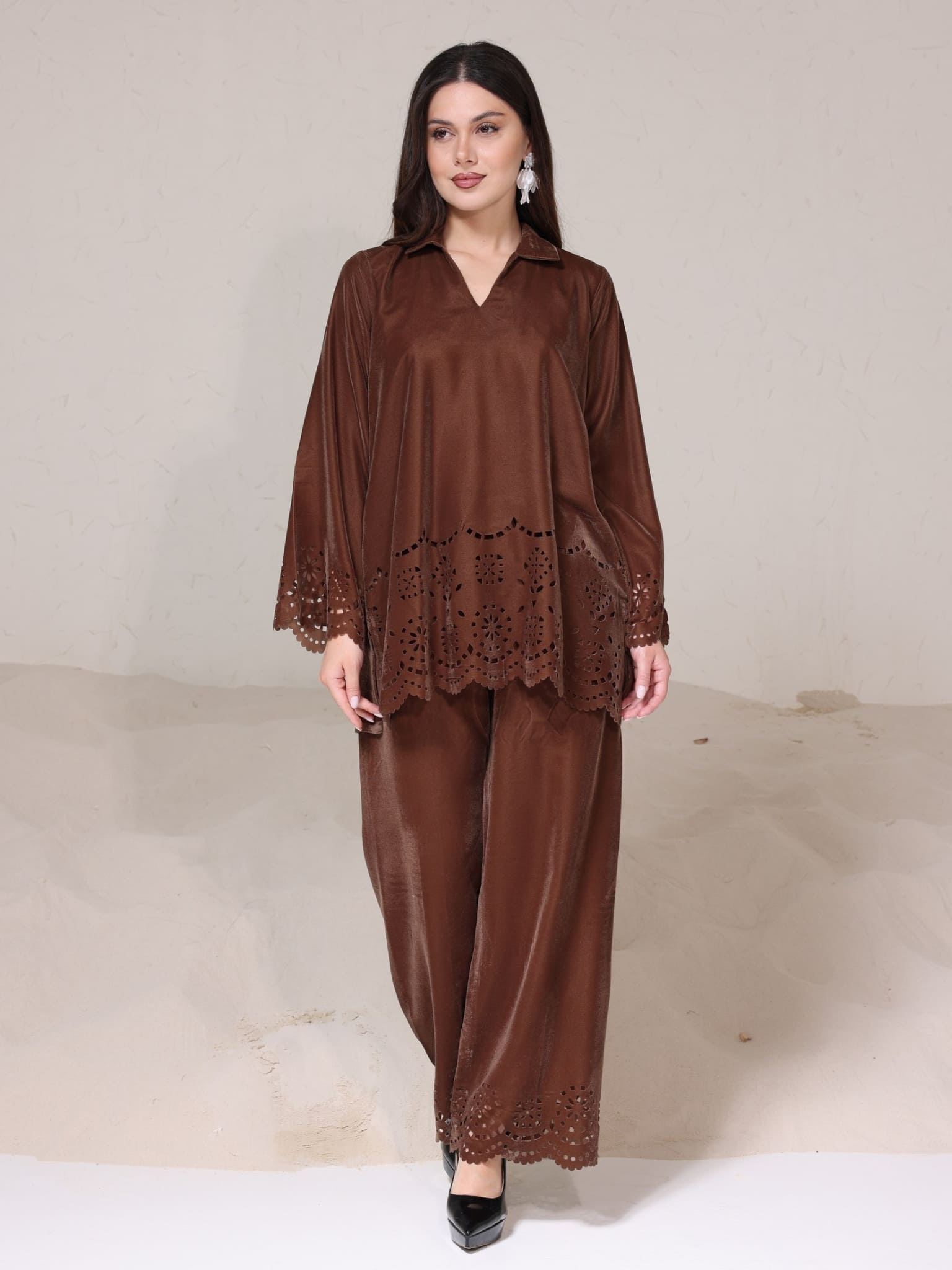 Eloise Soft Silk Brown Cutwork Pants