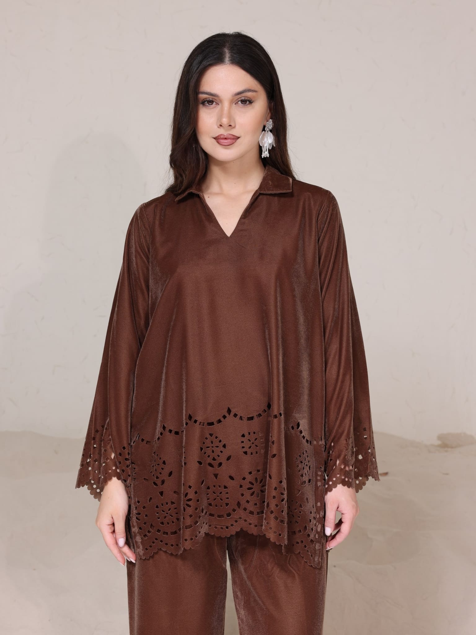 Eloise Soft Silk Brown Cutwork Shirt