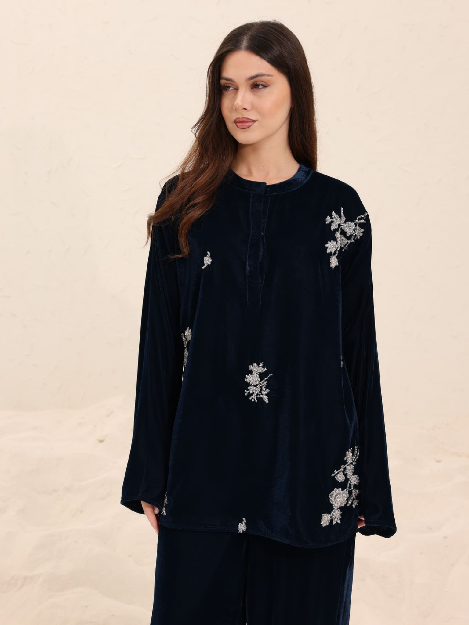 Rizina Navy Velvet Embellished Shirt