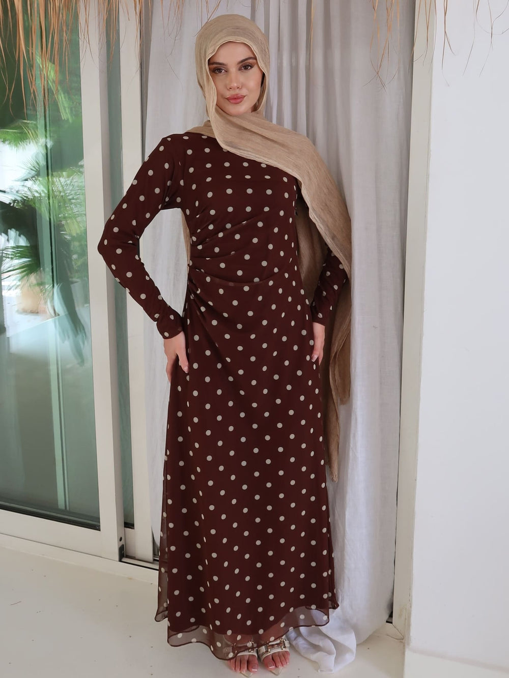Welsy Brown Polka Mesh Dress