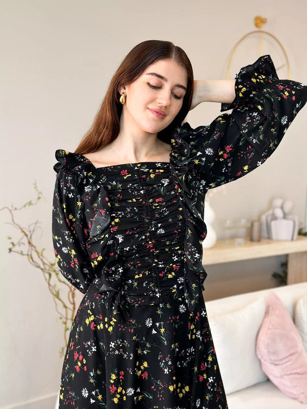Aliora Black Floral Top Dresses  - Sowears