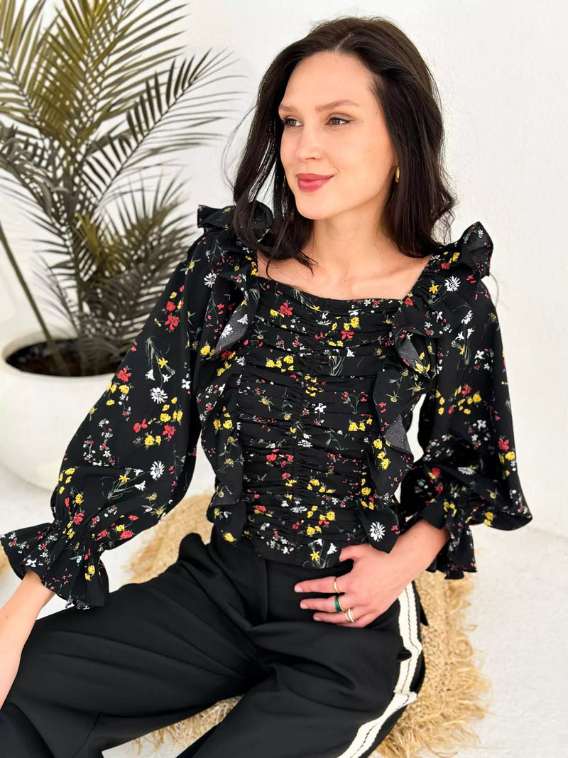 Aliora Black Floral Top Dresses  - Sowears