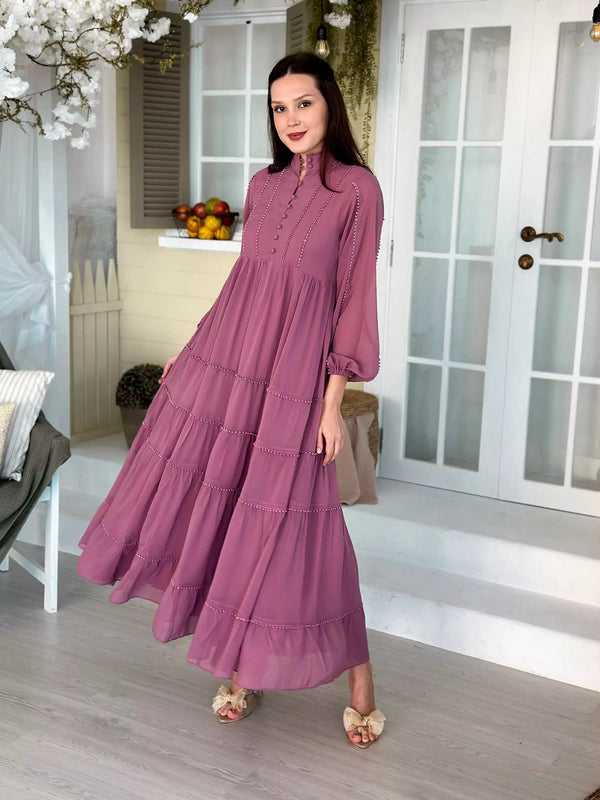 Amber Lace Solid Long Dress - Mauve Dresses  - Sowears