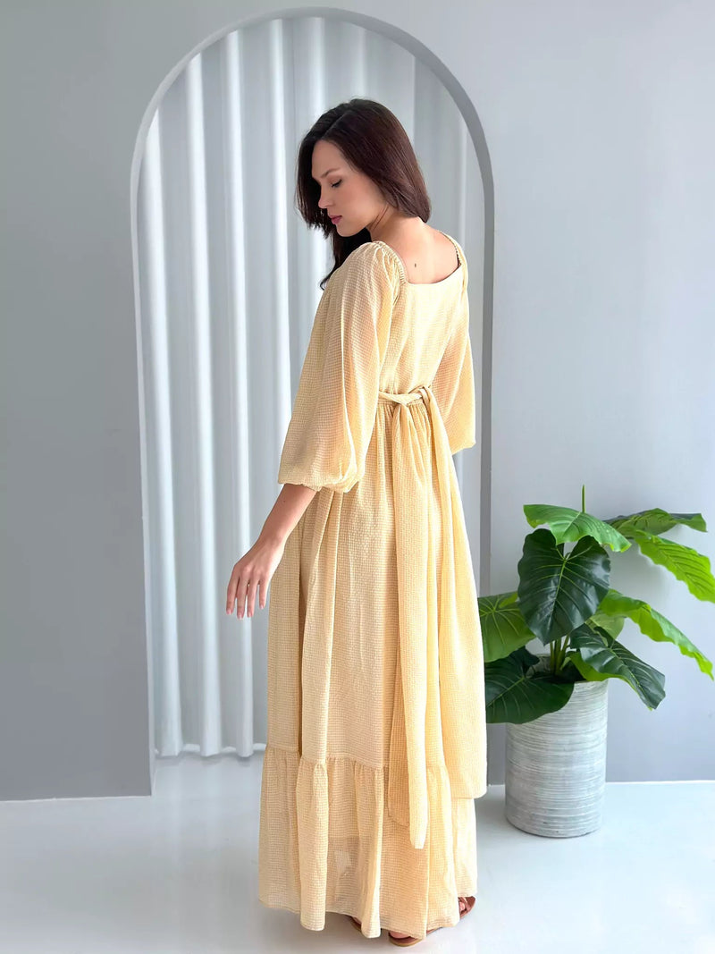 Amelia Wrap Long Dress - Beige Yellow Dresses  - Sowears