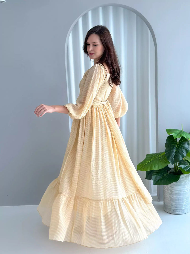 Amelia Wrap Long Dress - Beige Yellow Dresses  - Sowears