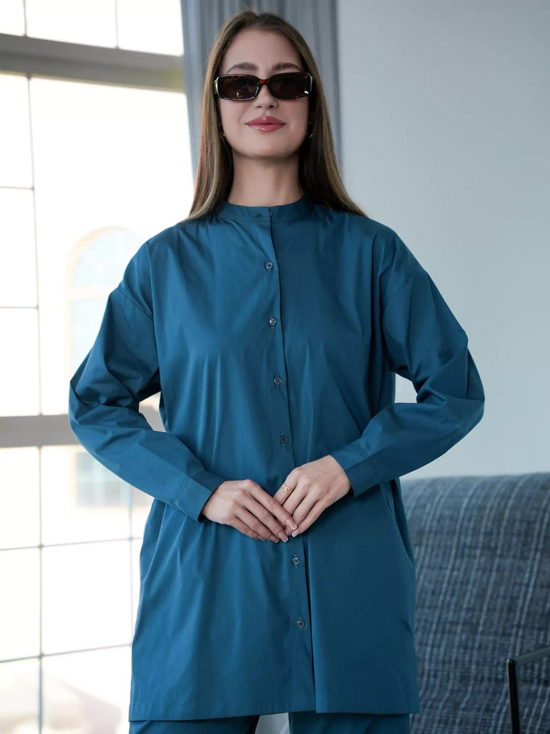 Anchor Blue Band Collar Shirt Dresses  - Sowears