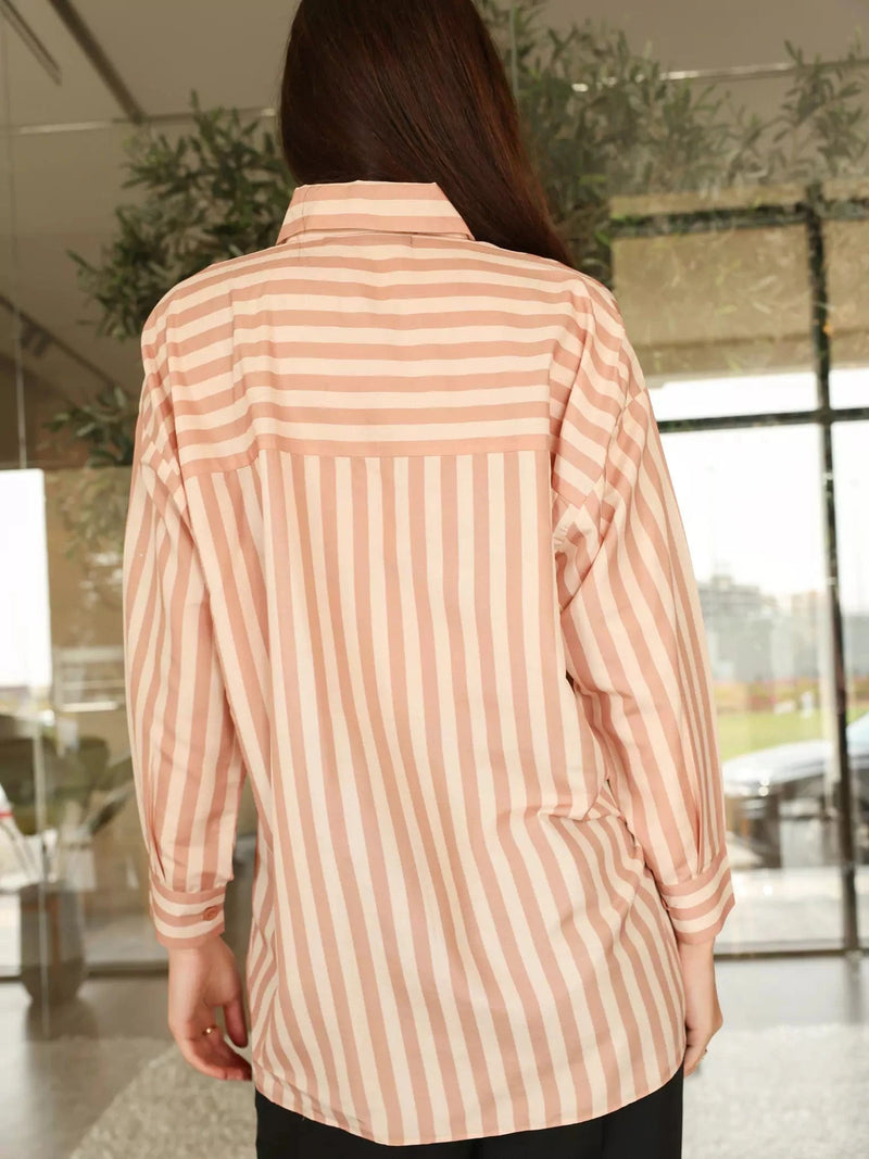 Beige Stripe Button Down Shirt Dresses  - Sowears