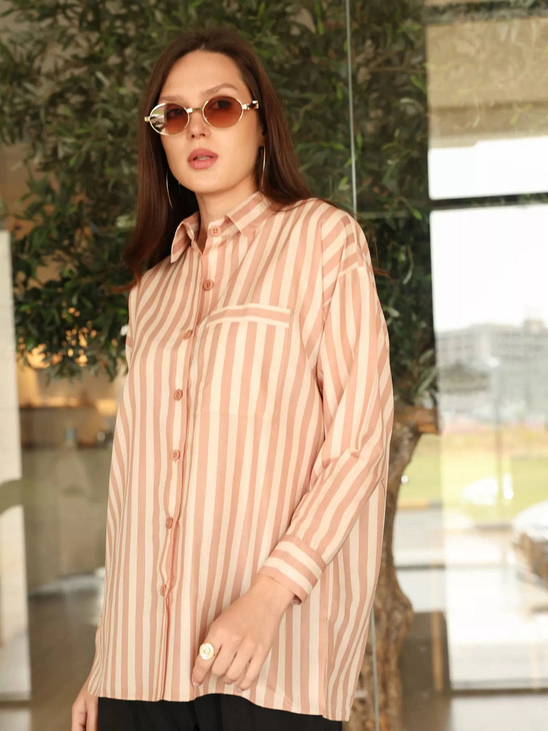 Beige Stripe Button Down Shirt Dresses  - Sowears