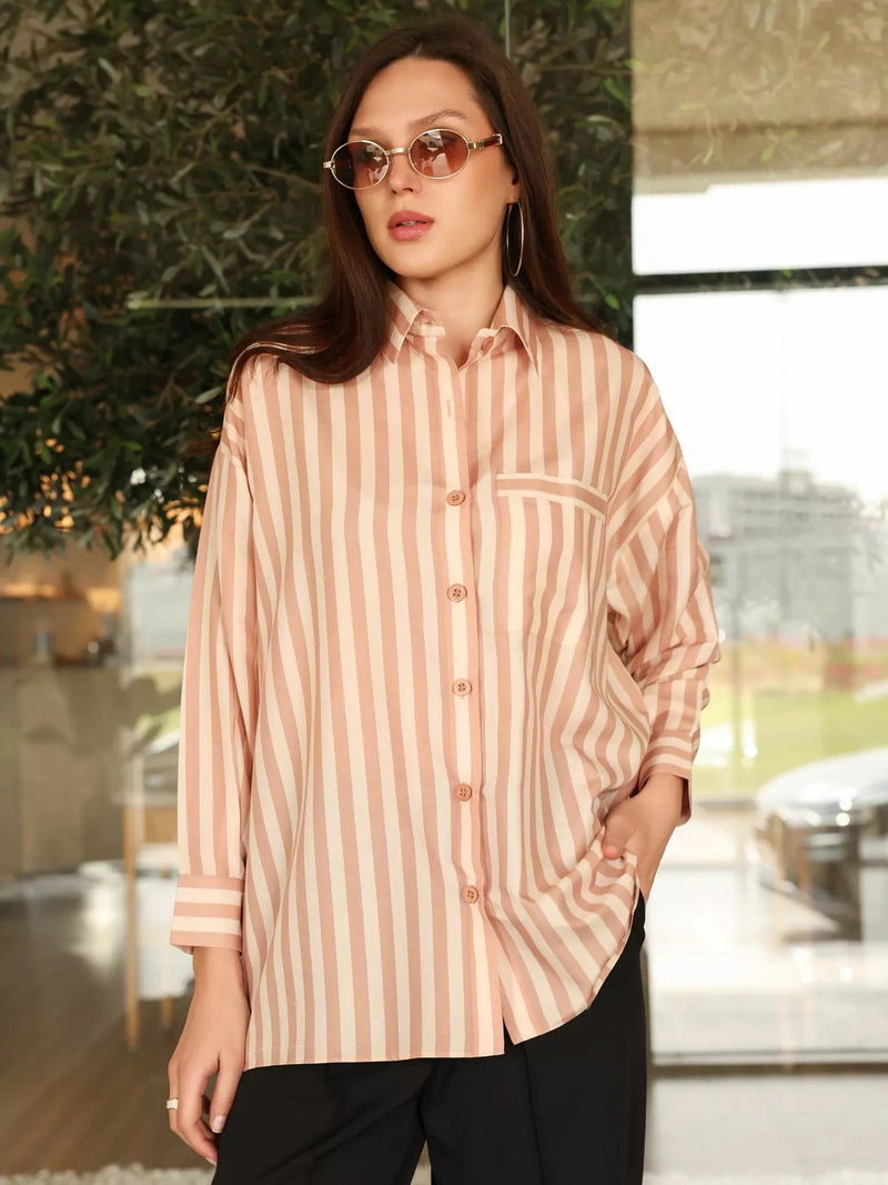 Beige Stripe Button Down Shirt Dresses  - Sowears