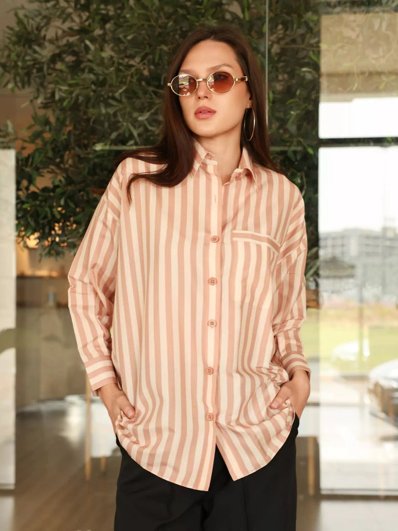 Beige Stripe Button Down Shirt Dresses  - Sowears