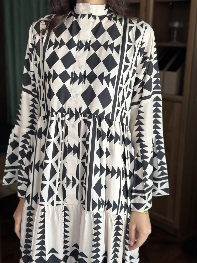 Black Merry Geometric Dress Black and White Dresses  - Sowears